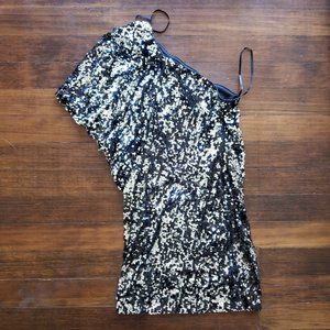 MayQueen one-shoulder, black/silver sequin dress, Size Small-Medium